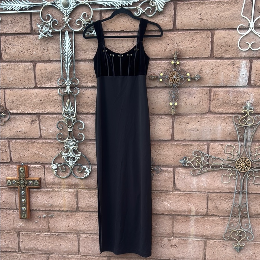 Betsy & Adam Black Maxi Dress Empire Waist Babydoll Velvet 90s Sz 4 HOCO Y2K